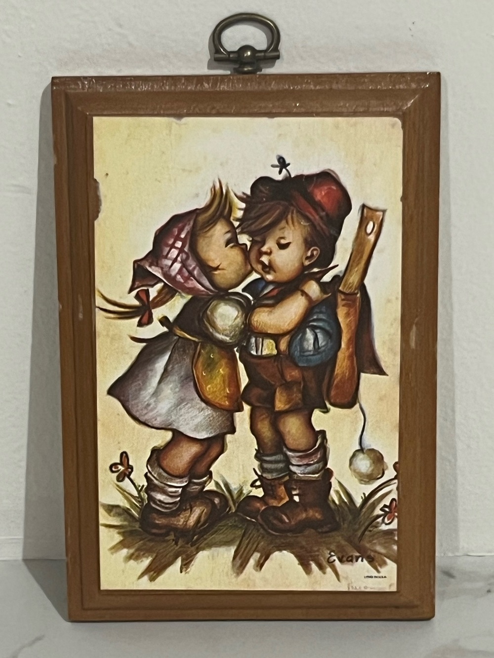 Vintage Hummel-style Evans Lithograph Children Wall Plaque - Wood Plaque